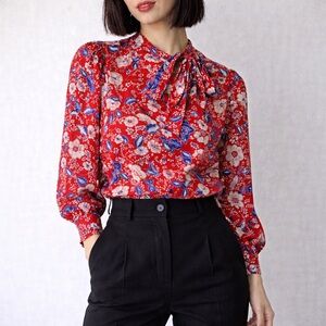 Stella Jean Italy Red Floral Tie Neck Blouse IT 40 Small Romantic